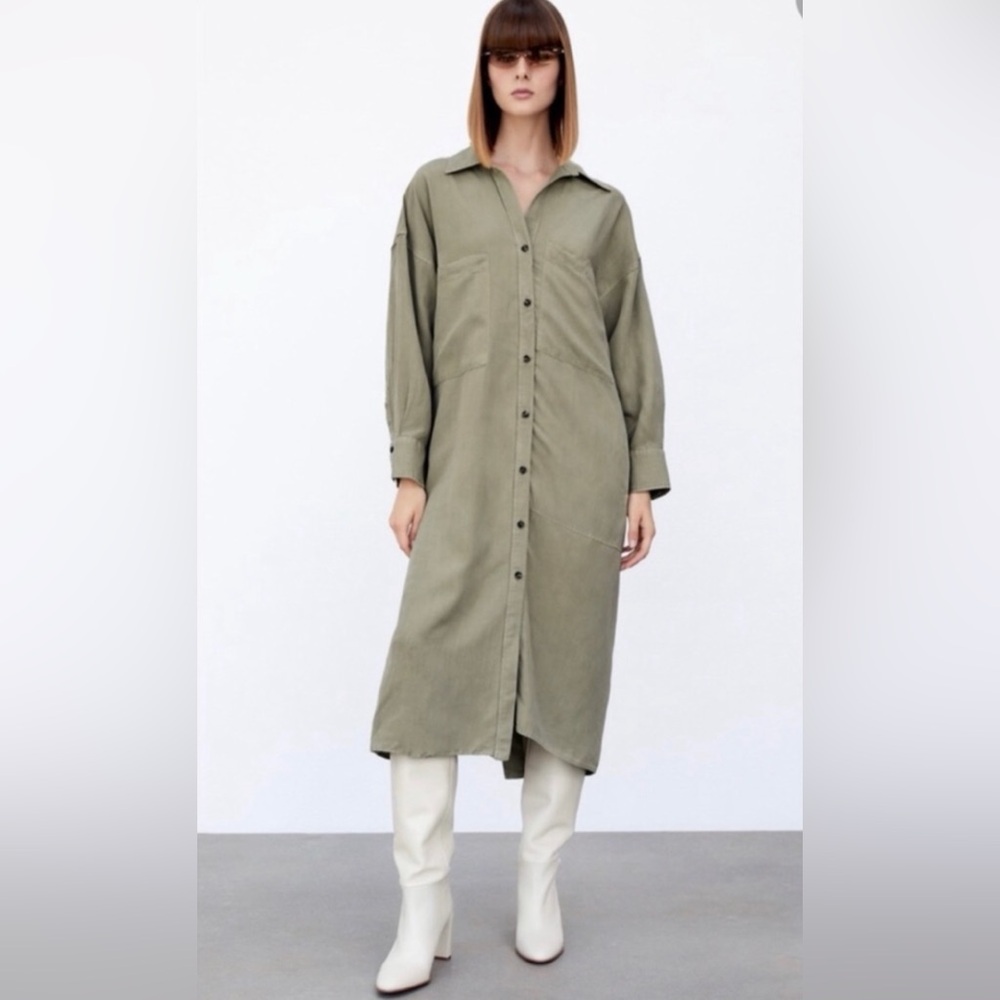 Zara linen blend button midi shirt dress (sage green)
